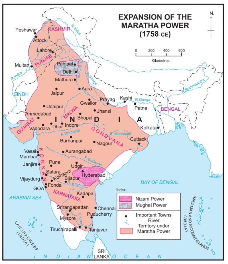 गुजरात और भारत के अन्य भागों में मराठा शासन को दर्शाने वाला मानचित्र