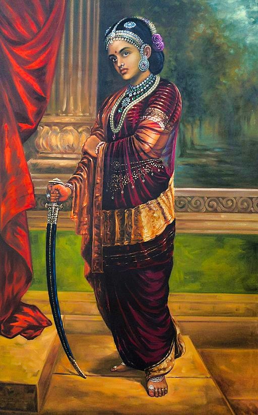 Portrait Painting of Rani Lakshmibai holding sword in hands and wore Nauvari Saree
