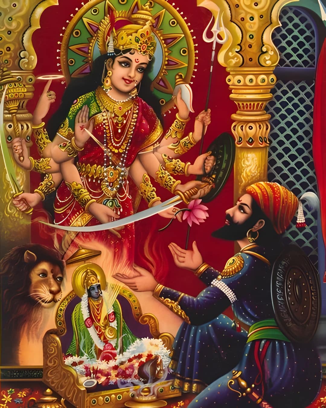 Imaginary painting depicting the Goddess Bhavani Devi giving sword to Shivaji Maharaj​