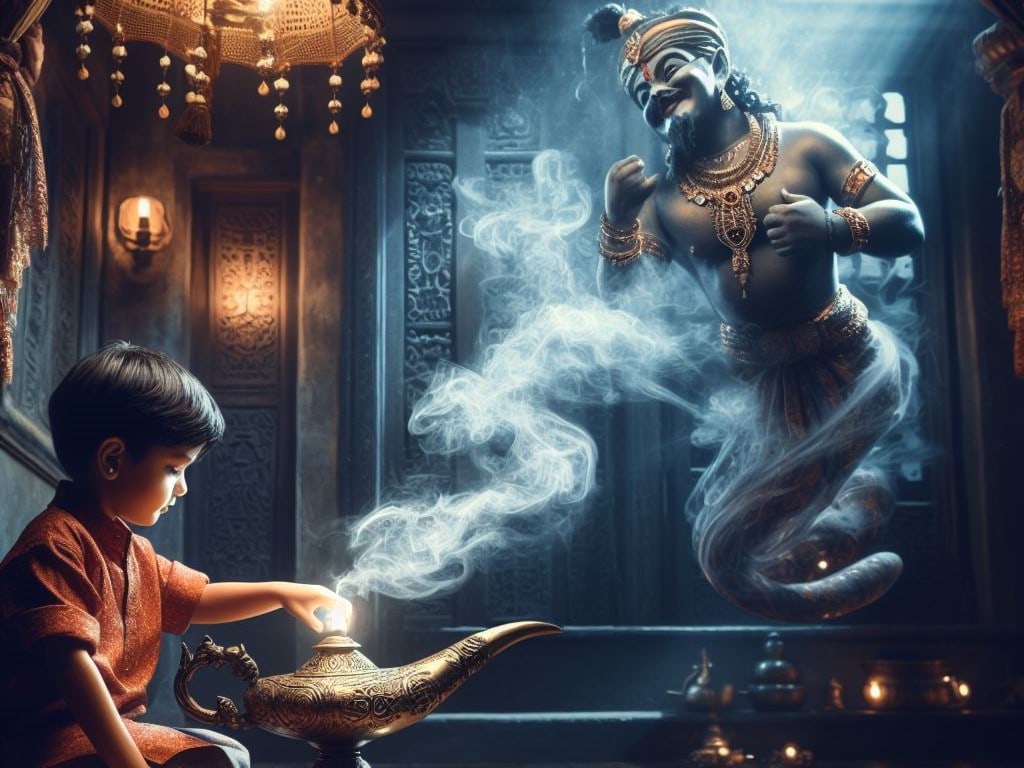 Boy Rubbing Old Lamp and Genie Manifested in Front of Him