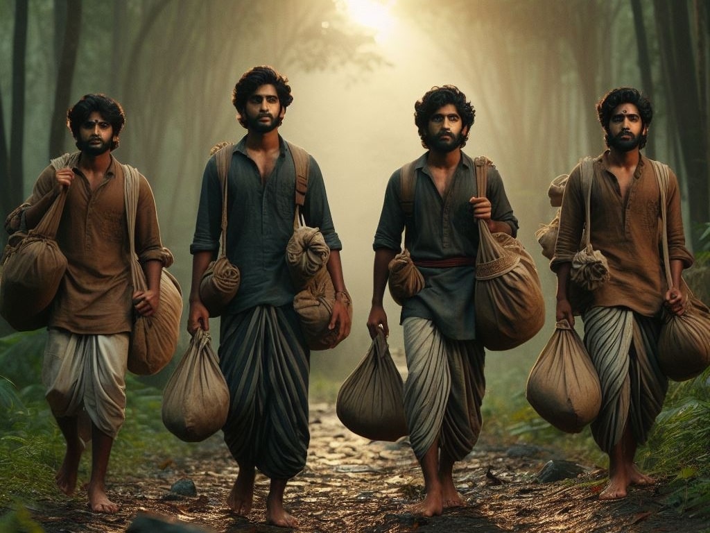Four Brothers named Satyananda, Vidhyananda, Dhanananda, and Sivananda walking in Dense Forest