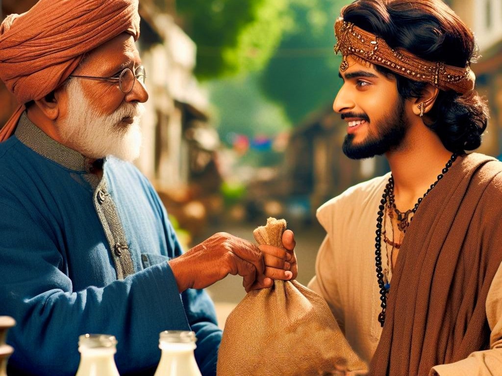 Dairy Merchant Giving Bag of Coins to Another Dairy Merchant