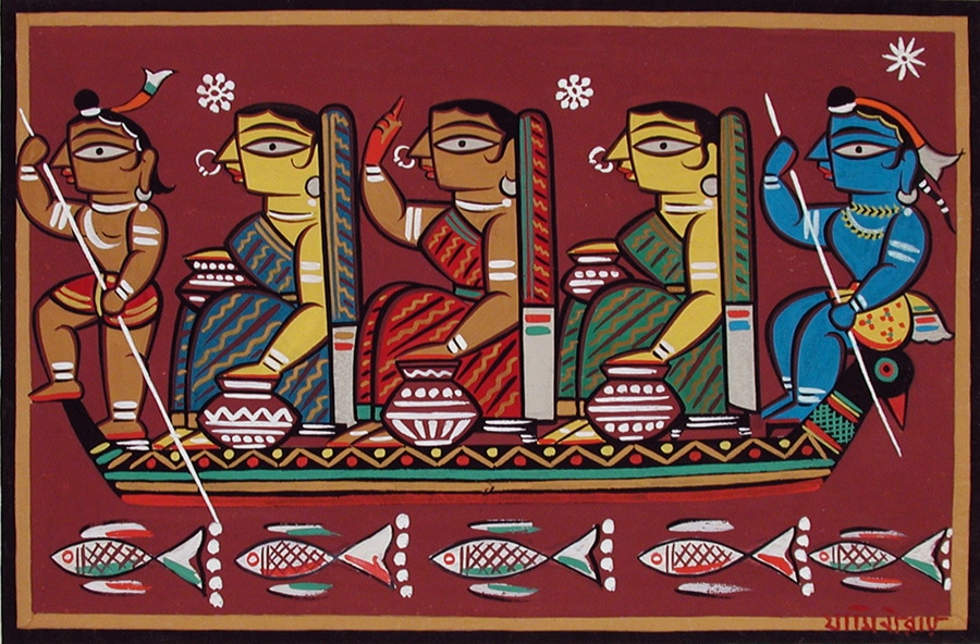 जामिनी रॉय की एक पेंटिंग में प्रदर्शित किए नाव में बैठे तीन भारतीय महिलाये और दो नाविक
